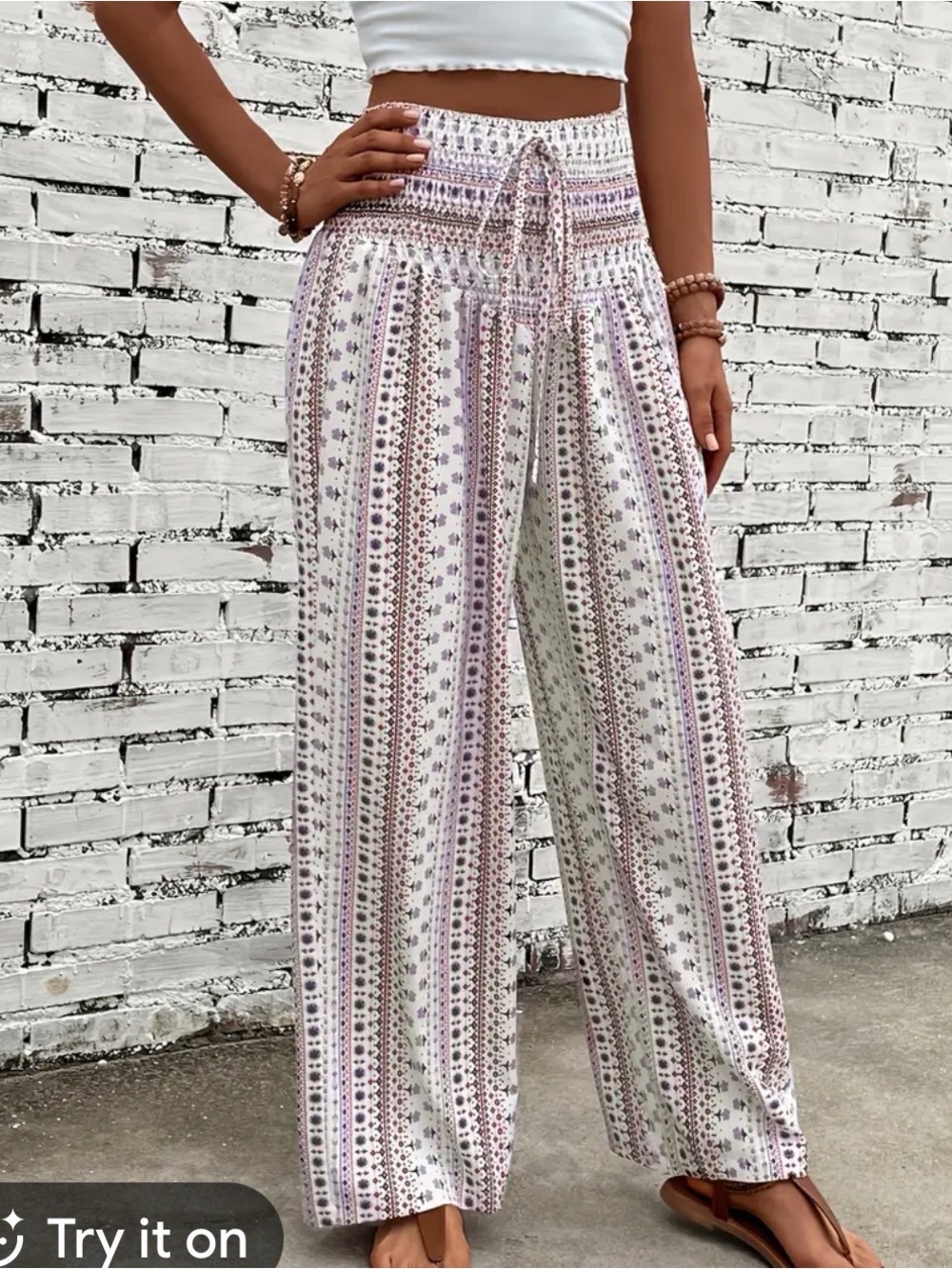 SHEIN White & Lavender Printed Wide-Leg Pants